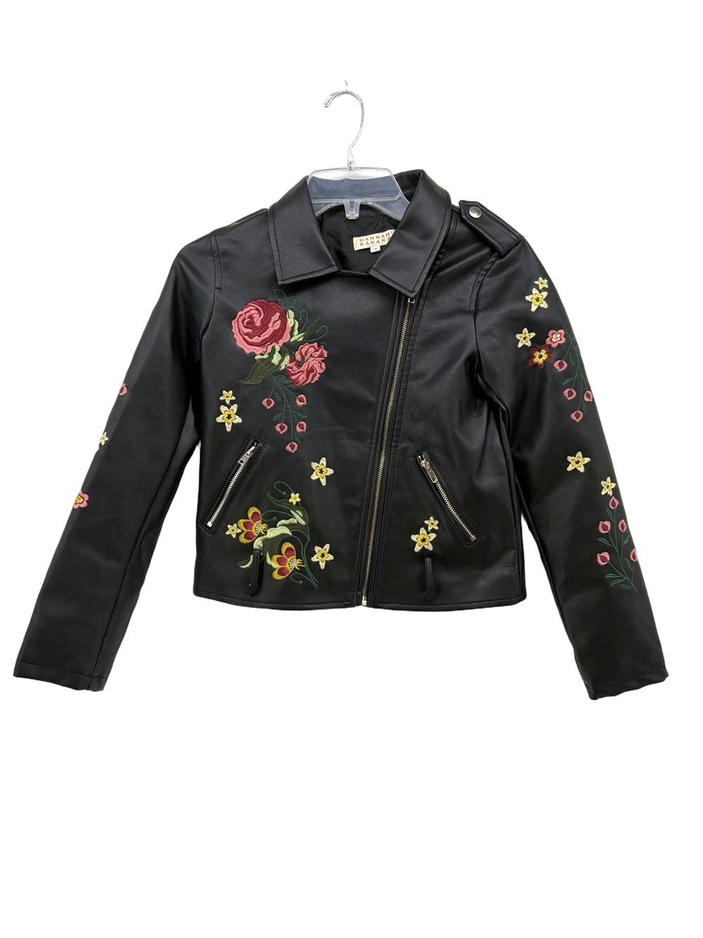 Hannah Banana Black Faux Leather Jacket with Floral Embroidery